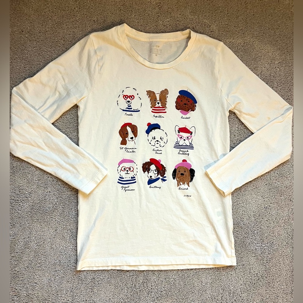 JCrew French Dogs Long Sleeve Collector Tee, Women’s XS, Tween Teen